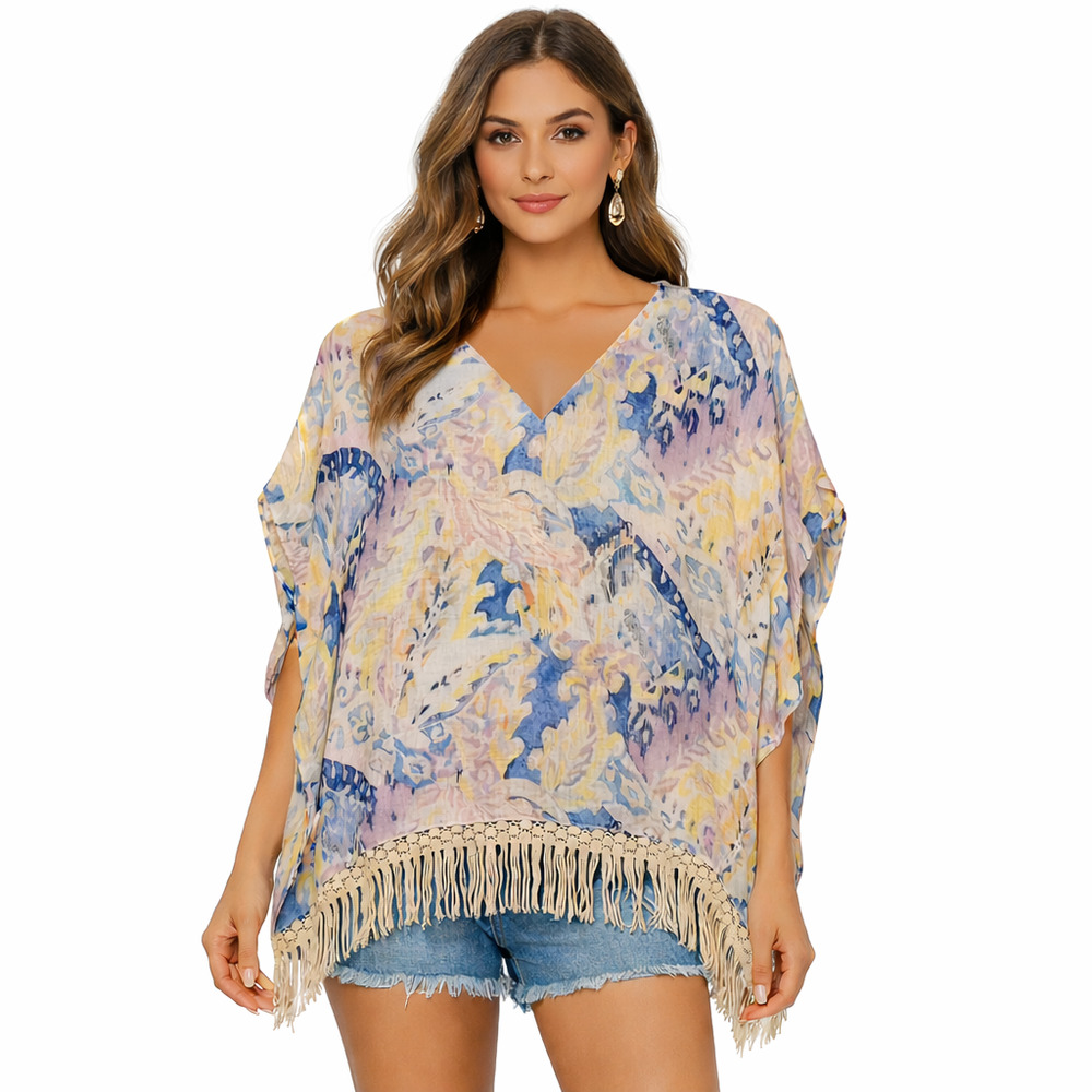Chicos Poncho Womens Size S/M Multicolor Waterprint 100% Linen Oversized Fringe